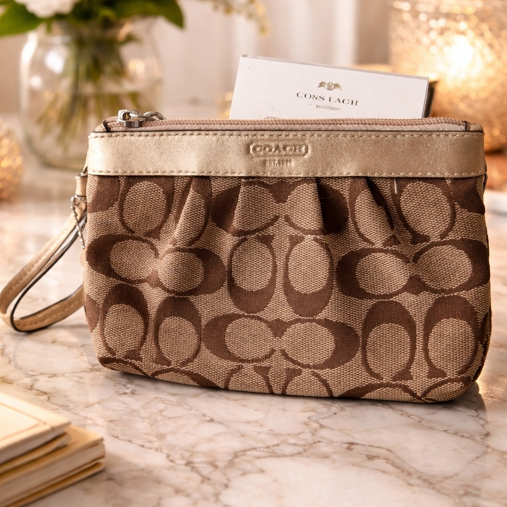 Coach Tan and Gold Signature Wristlet